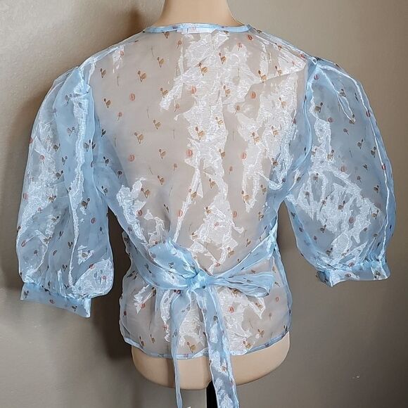 Aeryne Agathe Top Large Feuille Blue Sheer Organza Puff Sleeve Wrap Top - Picture 6 of 12